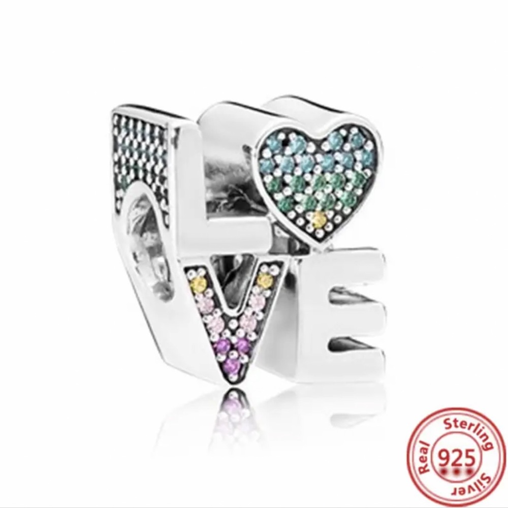 NWOT Love Multi-Colored Crystal CZ LOVE Charm Sterling Silver 925